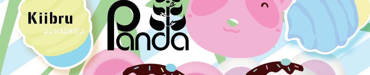 Kiibru squishies banner with the pink panda, cotton candy and doughnuts
